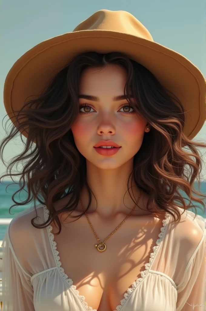I would like a brunette female version of the character with curly hair and an artsy hat