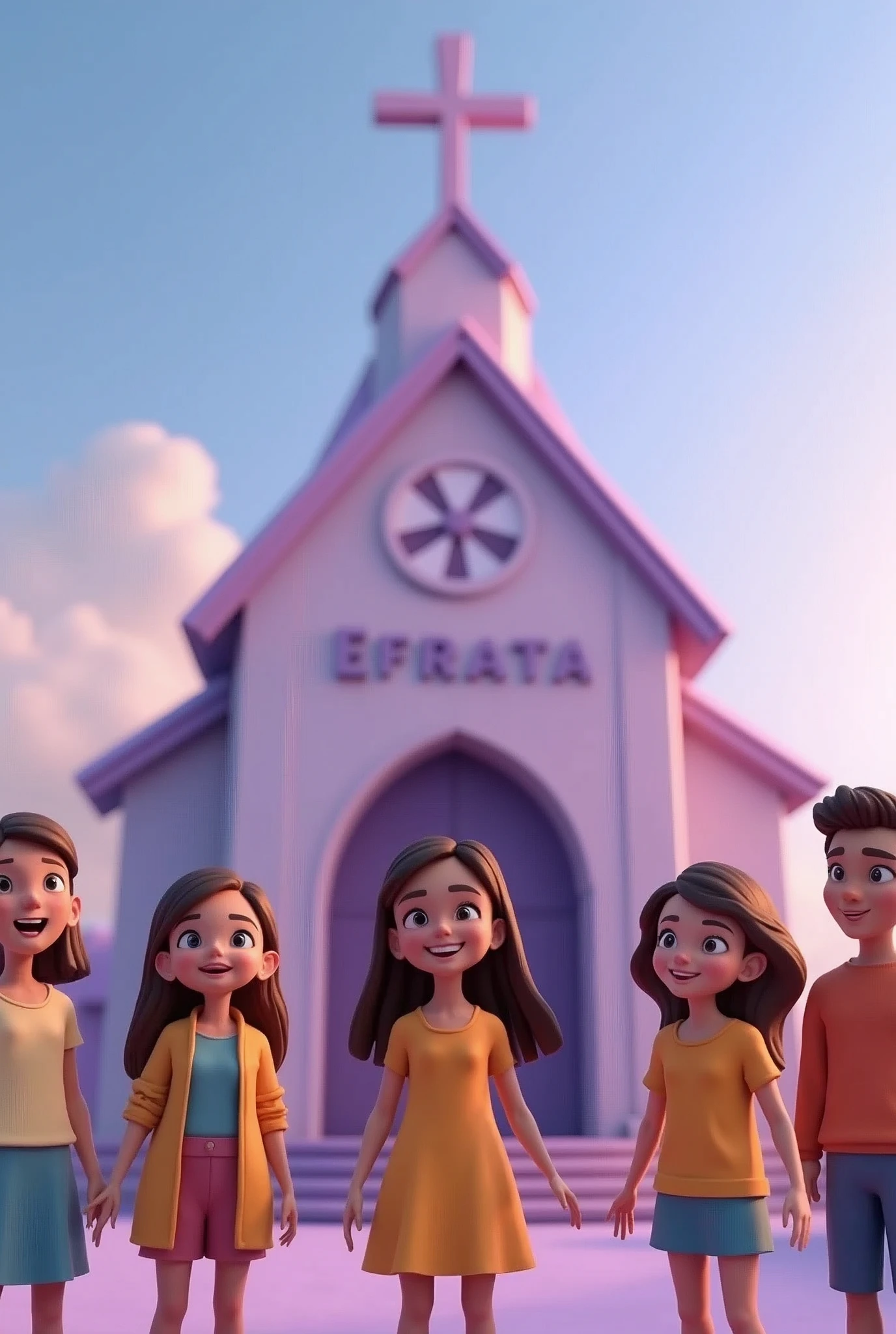make a 3D animation about several young Christians standing with joyfull expressions, in front of a pastel purple church building with plung "EFRATA" , with an empty center.