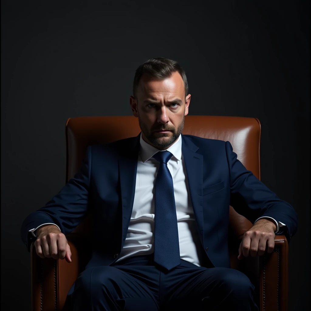 Extremely serious man in gloomy atmosphere with navy blue suit, blue tie and white shirt sitting in a brown leather armchair