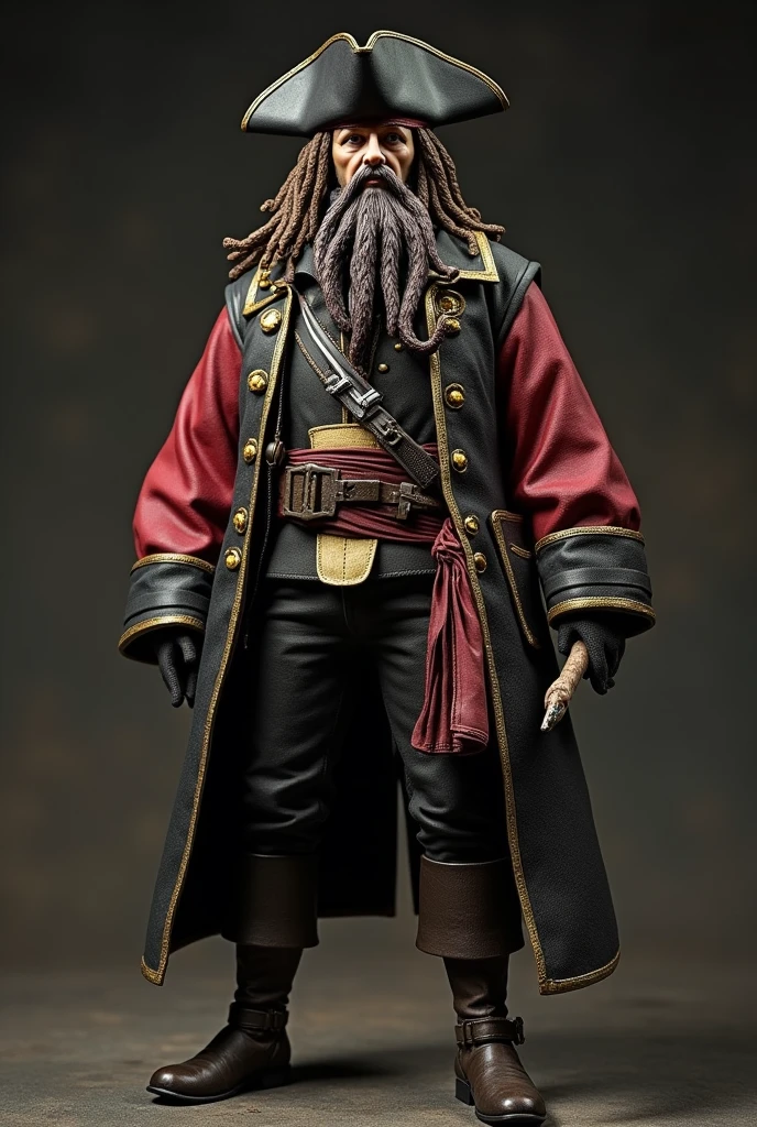 create an image of the character davy jonnes according to the character from pirates in the caribbean Jones's most striking feature General appearance:
人物: The image shows a figure that appears to be a model or action figure of a pirate character.
Barba: The character has a long beard that resembles tentacles., remembering the mythical figure Davy Jones.
hat: He's wearing a tricorn hat, typical pirate.
vestimentas:
trench coat: The character wears a coat with gold details. The right sleeve is red, while the left matches the coat.
waistcoat: Underneath the coat, there is a vest that adds layers to the outfit.
waist belt: In the belt area, there is a sash and possibly pouches or accessories attached to it.
pants: Pants are not fully visible, but they appear to be robust and match the dark color scheme of the costume.
Accessories:
Right hand: The character is holding something that resembles an antique flintlock pistol.
Left hand: The left hand holds something that could be part of the costume or another object, not entirely clear from this angle.
Perna Prosthetics: One of the legs appears to be prosthetic, ending in something that could be a wooden stick or some kind of weapon.
Additional Detail:
texture and layers: The costume is made with multiple layers and textures, suggesting it could be part of an enthusiast collection, tabletop games or merchandise related to pirate-themed media.