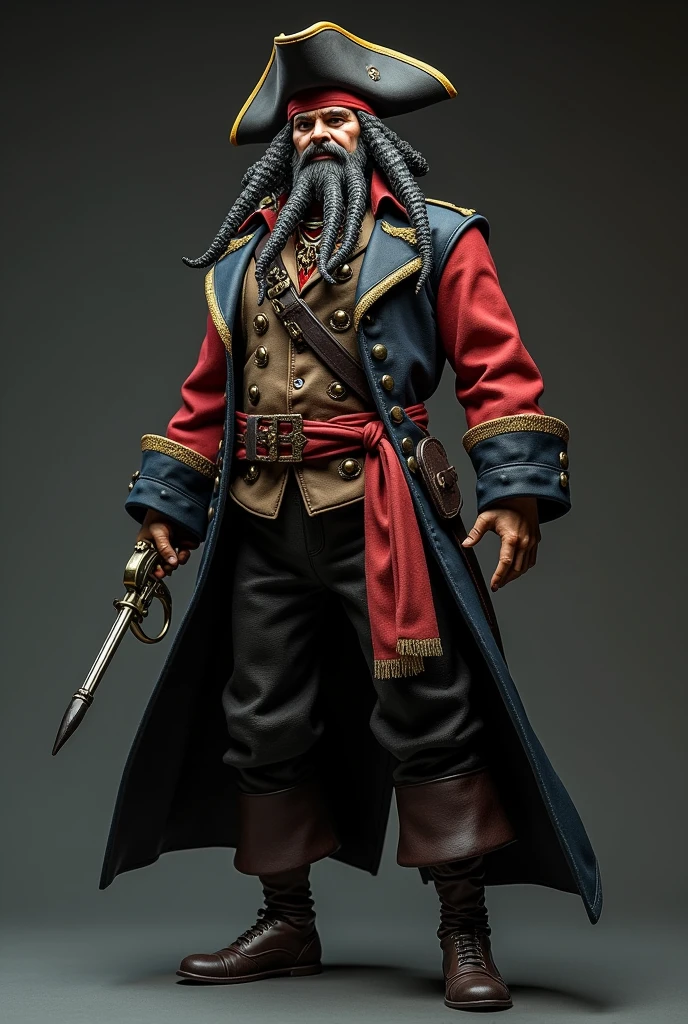 create an image of the character davy jonnes according to the character from pirates in the caribbean Jones&#39;s most striking feature General appearance:
人物: The image shows a figure that appears to be a model or action figure of a pirate character.
Barba: The character has a long beard that resembles tentacles., remembering the mythical figure Davy Jones.
hat: He&#39;s wearing a tricorn hat, typical pirate.
vestimentas:
trench coat: The character wears a coat with gold details. The right sleeve is red, while the left matches the coat.
waistcoat: Underneath the coat, there is a vest that adds layers to the outfit.
waist belt: In the belt area, there is a sash and possibly pouches or accessories attached to it.
pants: Pants are not fully visible, but they appear to be robust and match the dark color scheme of the costume.
Accessories:
Right hand: The character is holding something that resembles an antique flintlock pistol.
Left hand: The left hand holds something that could be part of the costume or another object, not entirely clear from this angle.
Perna Prosthetics: One of the legs appears to be prosthetic, ending in something that could be a wooden stick or some kind of weapon.
Additional Detail:
texture and layers: The costume is made with multiple layers and textures, suggesting it could be part of an enthusiast collection, tabletop games or merchandise related to pirate-themed media.