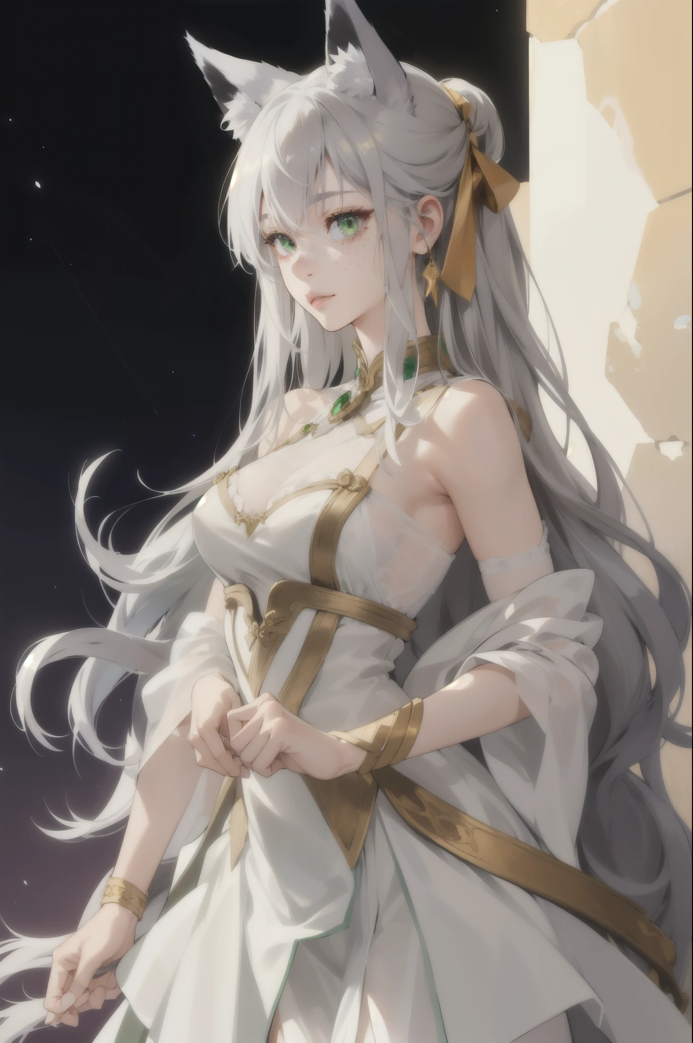 (Absurd, High resolution, Super detailed), (One girl:1.3), Gray Hair,Long Hair、whole body、Fox ears、Fox Tail、Green Eyes、Sheer white costume、freckles、sexy、Gaze, Bangs, Hime cut, Gold Accessories