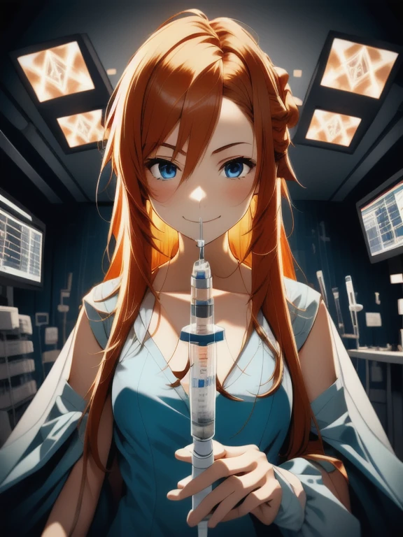 (RAW photo, best quality), operating room, overhead surgical light,blurred background, focused, dithering,backlighting,
 injection_pov, 1girl, solo, looking at viewer, holding, evil smile, holding syringe, 
 asuna,hand holding scalpel,orange hair, blue eyes,1girl,solo,