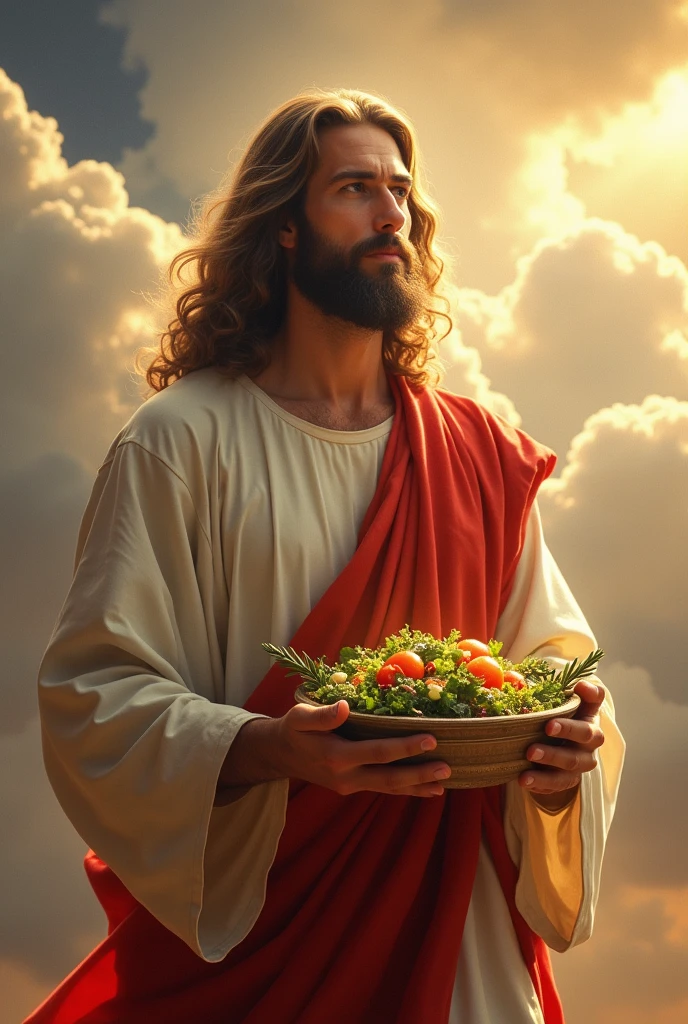 jesus holding a salad bowl in heaven




