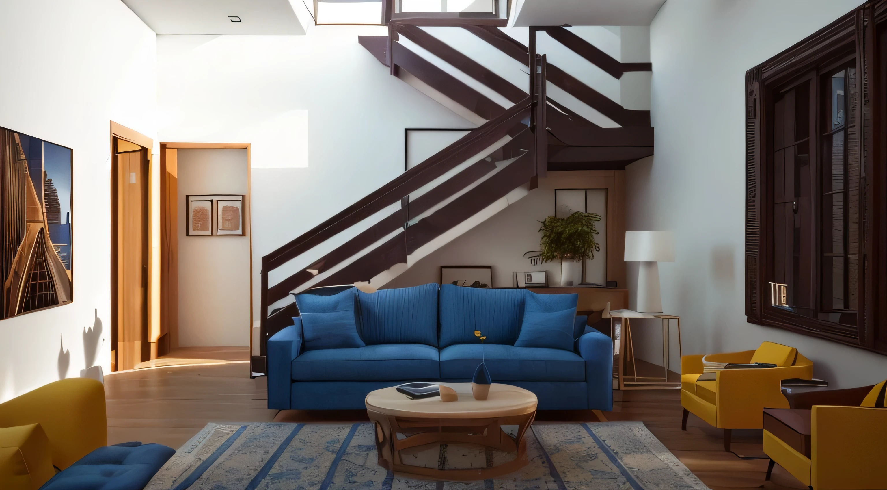 stairs, wooden cabinets, window, stairs, doors, table, sofa, picture on the wall, there is a blue sofa in a room with a wooden table, furniture concept photo!!, living room with two levels, very realistic 3D rendering, in 3D rendering style, with 3d rendering, with 3d rendering, 3d render, rendered in Enscape, stunning 3d rendering, internal living room, rendered in lumion pro, luminous renderinging, luminous rendering
