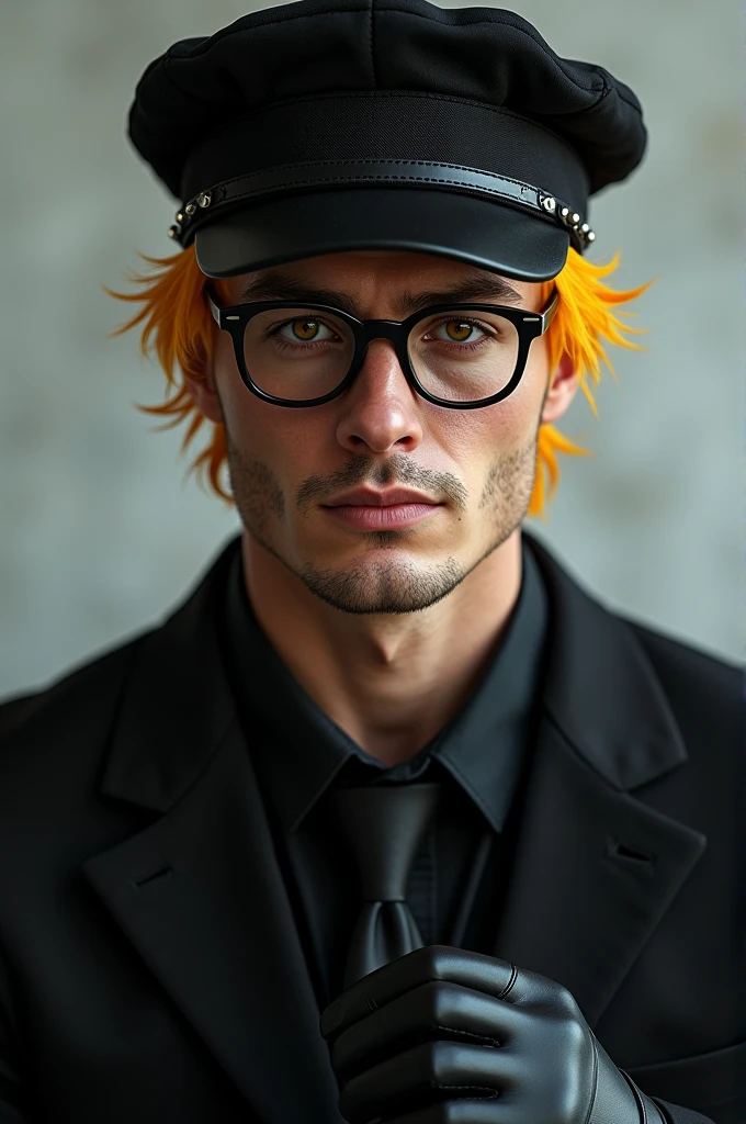 I want a man who has yellow with black glasses, brown eyes, a black shirt with gloves and a black cap.