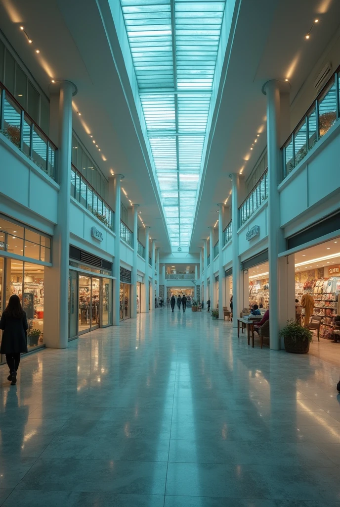 Liminal space looking like a regular shopping mall but with no one there and it looks like something is wrong and well lit