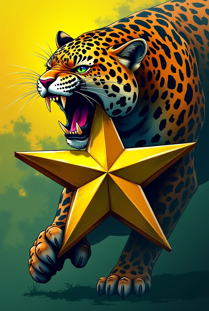 Leopard biting the star of the Bucaramanga team with yellow and green colors