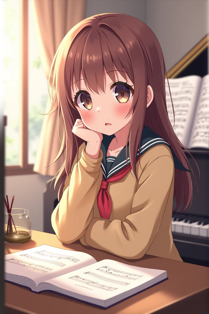 Anime girl studying music
