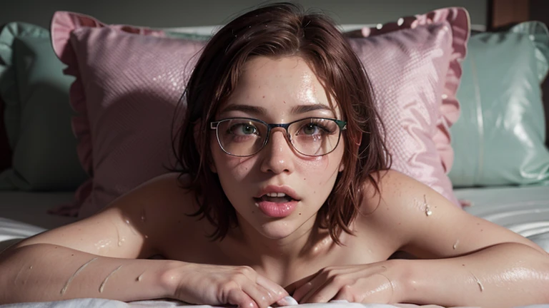 portrait. face close up. pillow. Short, Red hair, green eyes, naked, wet skin, wet skin лица, Ahegao, girl 15 years old, metal frame glasses. (masterpiece, top quality, Best quality, official art, beautiful and aesthetically pleasing:1.2), extremely detailed,(fractal art:1.2),colorful,The most detailed, (Many colors:1.4). ((split. skin texture, Shiny skin. elegance. photorealism. unreal engine. 3D model. Ultra high quality textures. high detail. permission 8k))