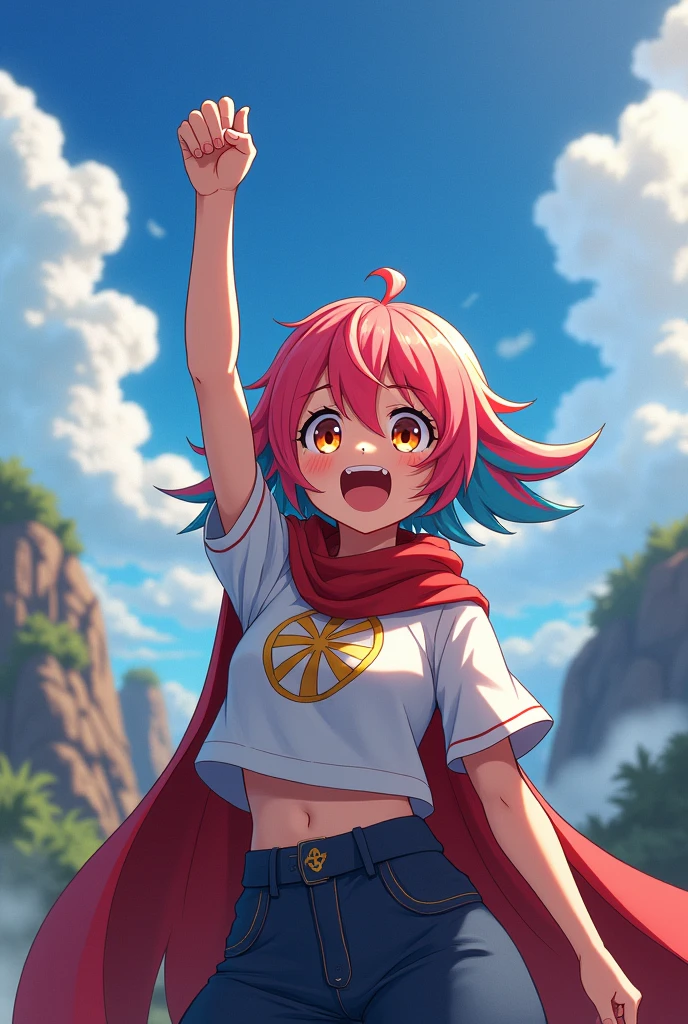 Anime waving triumphantly