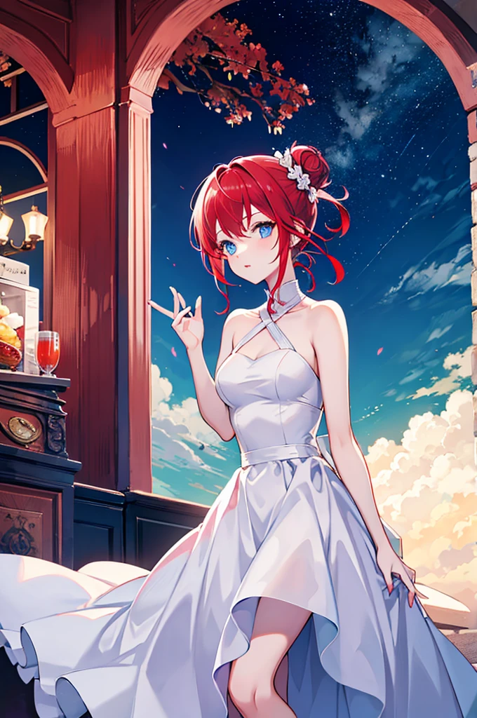 chic woman messy bun evening dress red hair blue eyes