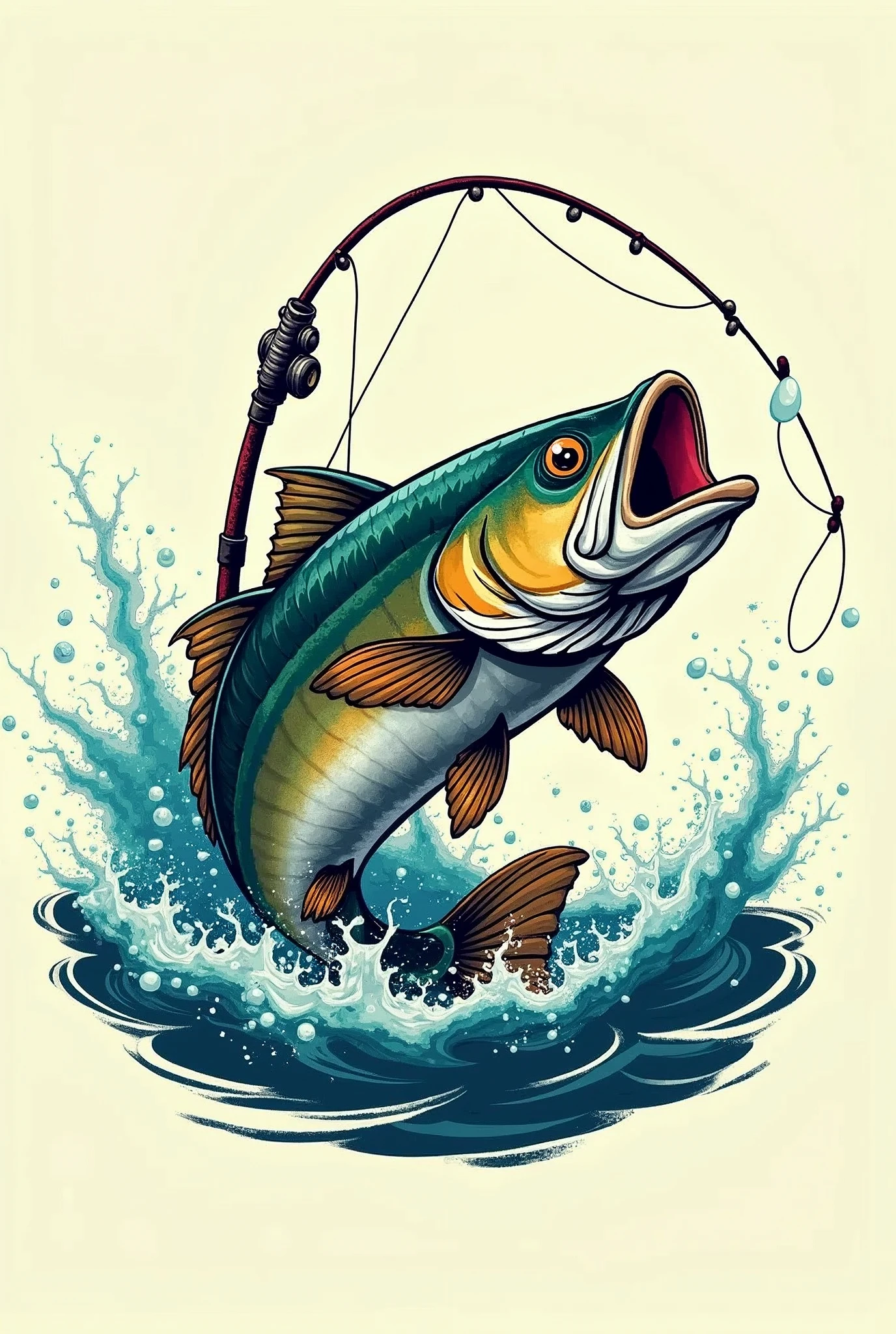 [Core Concept] A logo for a fishing brand called "A lo criollo", featuring a fish being forcefully reeled in on a fishing rod.

[Character Description] The logo depicts a large, vibrant fish struggling against the line, its mouth agape and fins flailing as it is yanked from the water.

[Environment/Background] The fish is emerging from a turbulent, swirling body of water, with water droplets and splashes surrounding it.

[Style and Atmosphere] The overall aesthetic has a rugged, traditional feel, evoking the spirit of local, artisanal fishing practices.

[Composition] The composition is dynamic, with the fish positioned diagonally and the fishing rod creating a strong diagonal line, conveying a sense of movement and action.

[Details and Embellishments] The logo might include additional design elements such as weathered textures, vintage-inspired typography, or subtle nods to regional cultural influences.

[Technical Specifications] The logo should be versatile, with a bold, striking visual presence that can be effectively reproduced across a range of mediums and applications, from apparel to packaging and marketing materials.