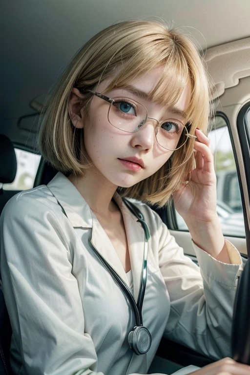 high quality, detailed,green eyes.she is 13 years old japanese bitch gal,she has a mole under her eye,(breasts),she has Stethoscope,wearing long sleeve white doctor uniform,blunt bangs,blonde bob hair,slender,face,up((wearing glasses))
sit in the car
(((selfish,angle from below)