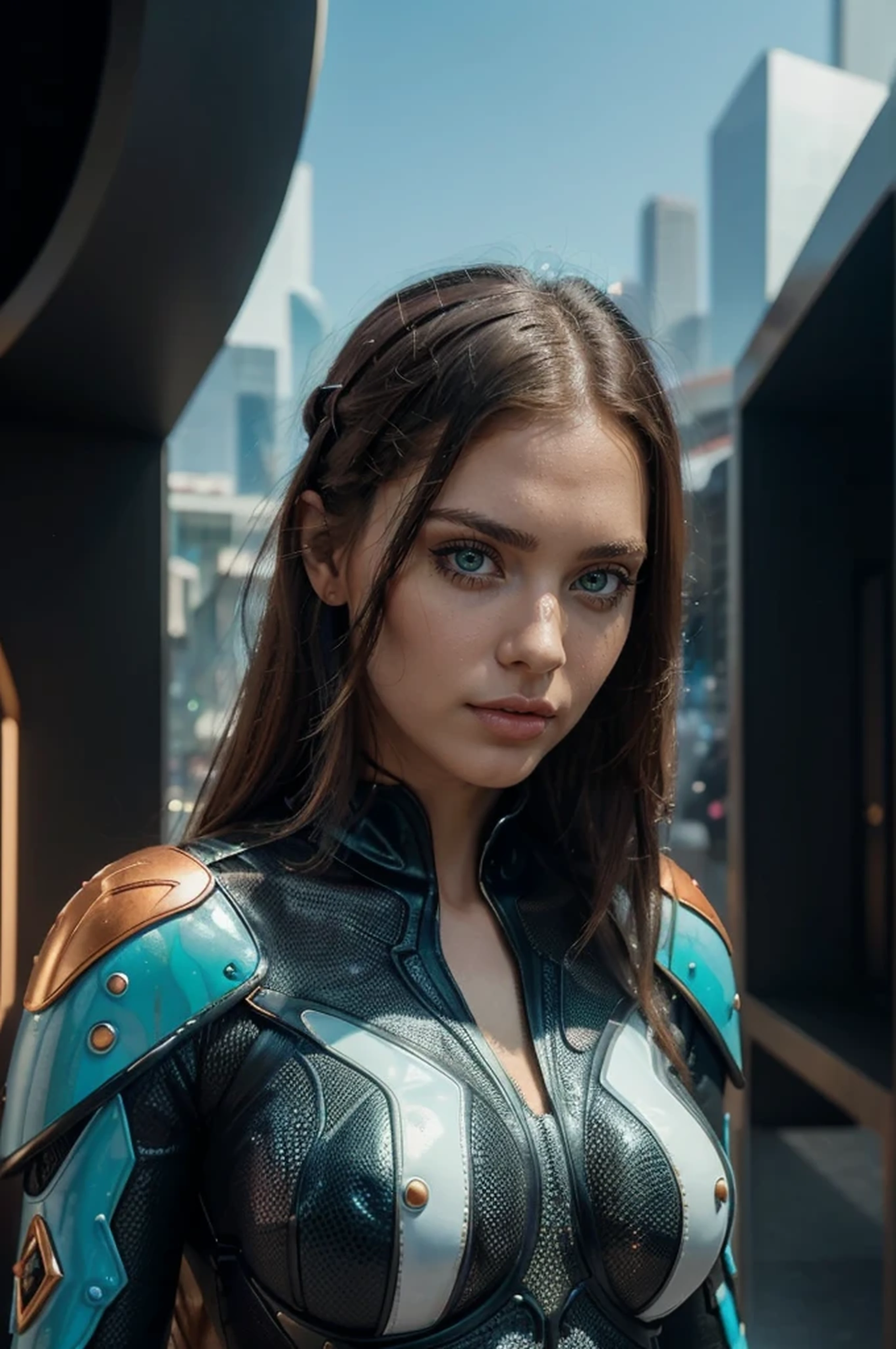 Hyper photo realistic. Higheast quality. Masterpiece. A woman. Hyper realistic human features. Perfect facial features. The woman has biomorphic, futuristic, hair composed of interlaced, net like, shapes and forms. (Sharp focused background city of biomorhic orbs.). Include the colors white, turquoise, orange and copper. Vanilla sky. Art by Todd Lockwood, Otto Pilny, Otto Rapp, and Peter Gric. Cgsociety, gothic art, fractalism, fantasy, dystopian art, neo-figurative, vray tracing Trending on zbrush central, fantasy art, zbrush, biomorphic, fractalism. Smooth, sharp focus. A photo realistic, surreal, image of a female that transcends the boundaries of reality and imagination.The image should evoke a sense of wonder and mystery. Porcelain. 8k.