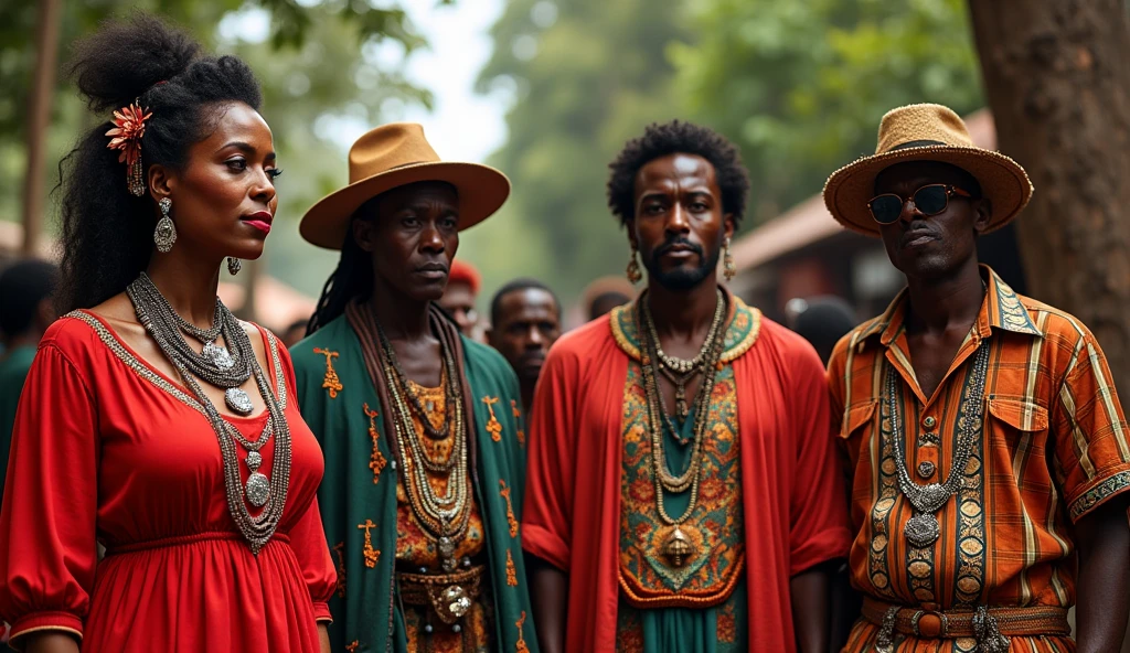 The image presents a vibrant scene rich in details, evoking the spirituality of traditional Candomblé and Umbanda entities. At the center, Maria Padilha do Cruzeiro das Almas is portrayed with elegance and charm, dressed in a red dress and adorned with shiny jewelry, while your face is hidden, maintaining mystery and respect for its spiritual essence. next to her, Tranca Rua de Imbaré appears in its characteristic clothing, including a hat and a cape, exuding an air of protection and authority, also with the face not visible, reinforcing its enigmatic presence. Tiriri, with their striking presence and colorful costumes, stands out for its energetic posture and expression of wisdom, without revealing the face, which adds a layer of mystery and reverence. Por fim, Zé Pilintra do Cais is represented in his traditional trickster outfit, including felt hat and striped shirt, conveying an aura of relaxation and charm, without showing your face, maintaining the symbolism and authenticity of his figure. standing together, these four characters form a harmonious whole, each bringing their own energy and contribution to the spiritual scene, while their faces are kept hidden to preserve the mystery and depth of their presence.

