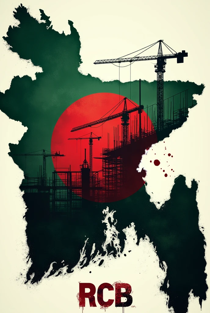 An outline of Bangladesh filled with the national flag's colors. Inside the map, depict a reconstruction theme using elements like cranes, scaffolding, and tools integrated within the map's boundaries. Blood splatters subtly appear within the map, adding a dramatic effect. The letters 'RCB' are prominently written at the bottom inside the map, blending with the overall theme and colors.