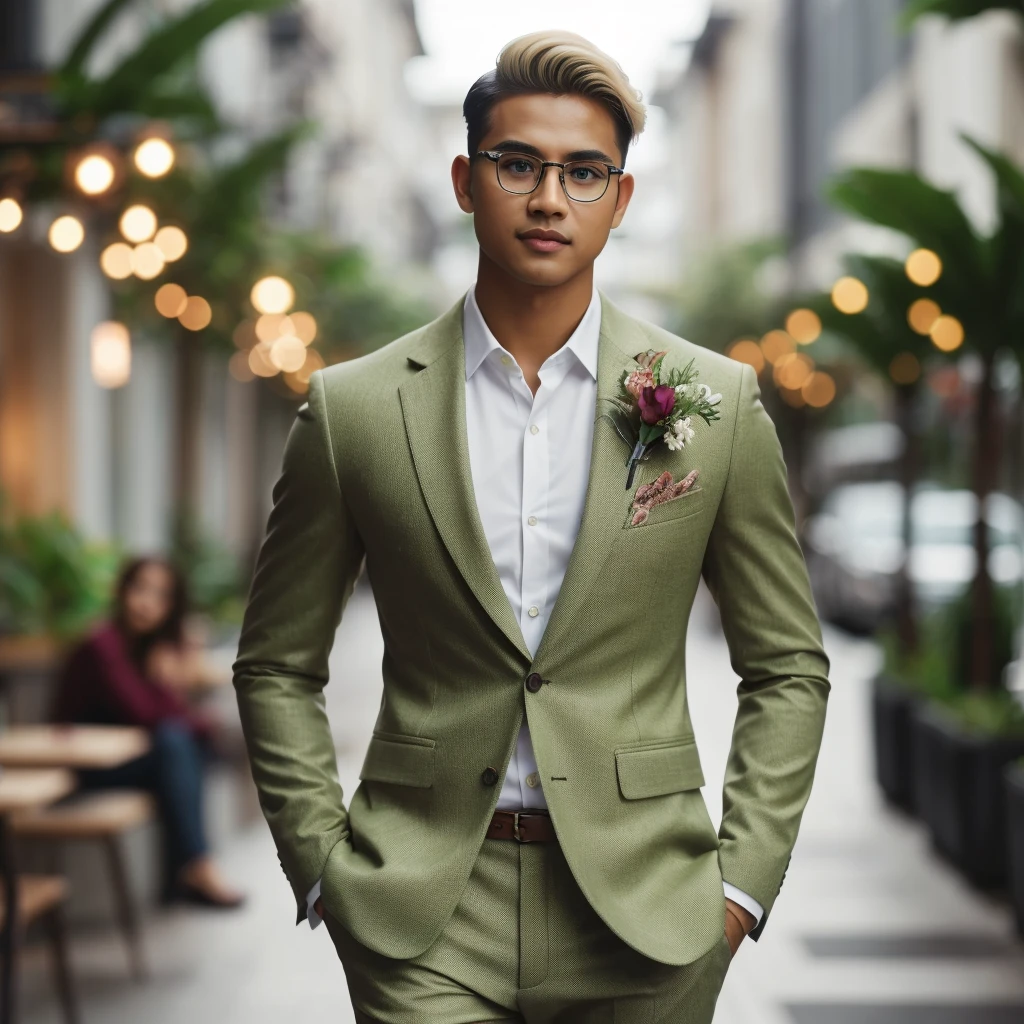 A professional masterpiece featuring one model: a full-body shot of a confident, handsome, charming Malay man with short taper fade blonde hair, natural makeup, a slight smile, wearing trendy eyeglasses and a lime luxury suit with flowers on the pocket, walking to a cafe. The setting is an outdoor street view with plants in pots around, dramatic soft lighting, depth of field effect, ultra realistic, high definition with special effects, making a cinematic scene, resembling a photo taken with a Sony 7000D camera.