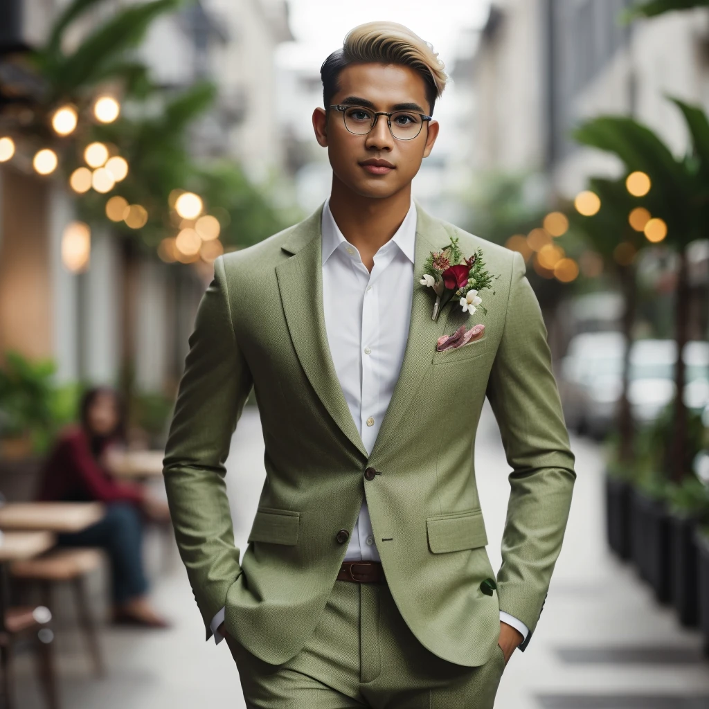 A professional masterpiece featuring one model: a full-body shot of a confident, handsome, charming Malay man with short taper fade blonde hair, natural makeup, a slight smile, wearing trendy eyeglasses and a lime luxury suit with flowers on the pocket, walking to a cafe. The setting is an outdoor street view with plants in pots around, dramatic soft lighting, depth of field effect, ultra realistic, high definition with special effects, making a cinematic scene, resembling a photo taken with a Sony 7000D camera.