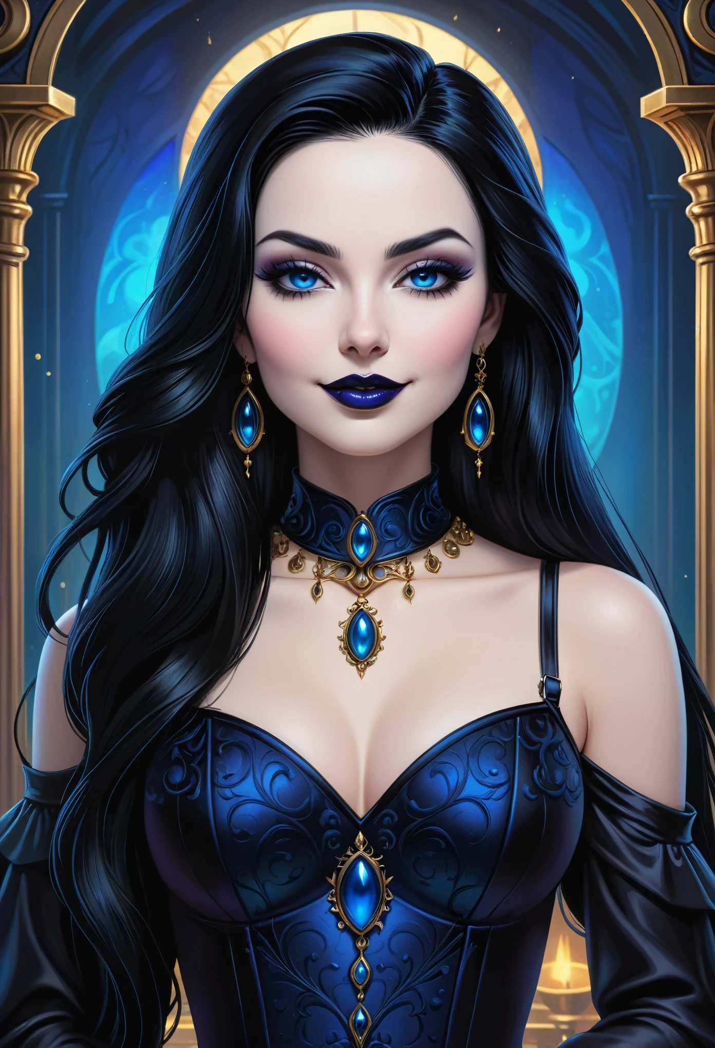 Portrait, beautiful goth super villainess with long flowing black hair, mesmerizing blue eyes, black lipstick, fair complexion, hourglass figure, symmetrical figure, highly detailed face, beautiful face, lush lips, smiling, alluring, realistic 8k background