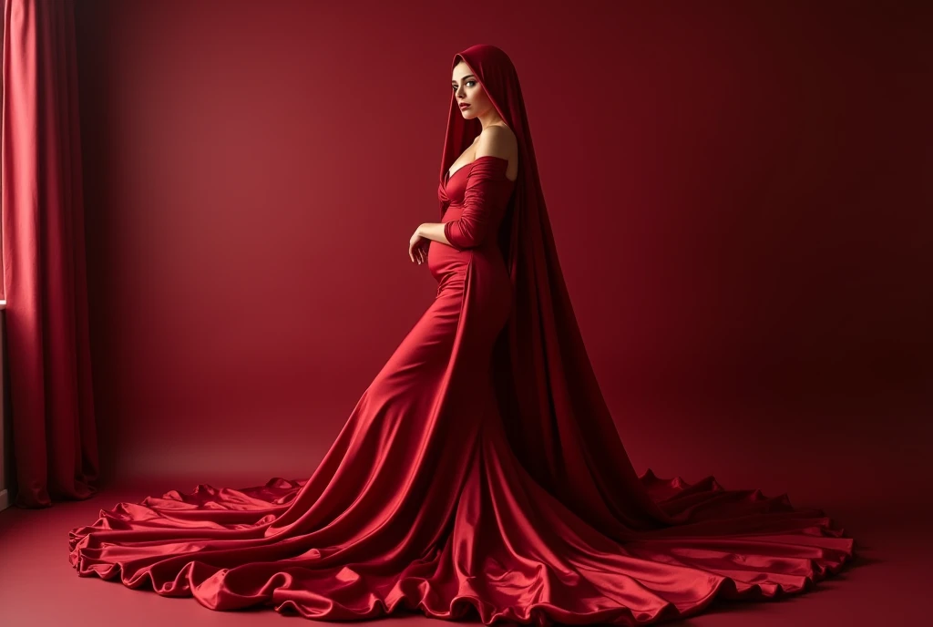 Captivating, elegant woman is engendered in a cascade of four-meter-long, ruby-red, plush satin fabric. The material clings tightly to her figure, spreading out into a pooled train at her feet, mimicking a mermaid's tail. A satin hijab cloaks her head, in bed room, revealing only a hint of her upper body. This full-body portrait radiates a mythical sophistication. Wrapped, eth