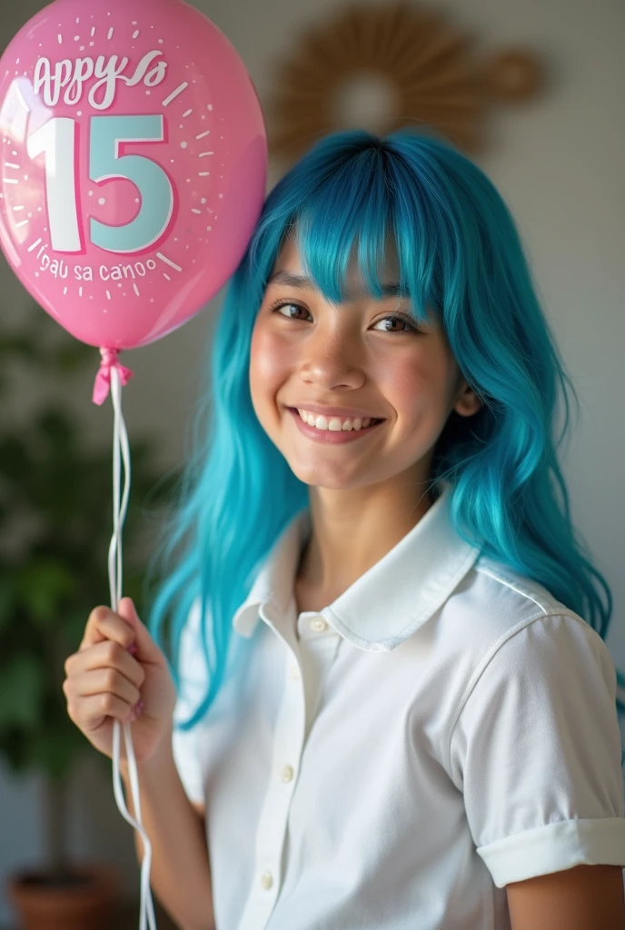 Latina 15 years old blue hair robust white clothes with collar at home holding a happy birthday balloon the balloon with letters in Spanish that say HAPPY BIRTHDAY the image of the balloon completes only one balloon in the image photographic image