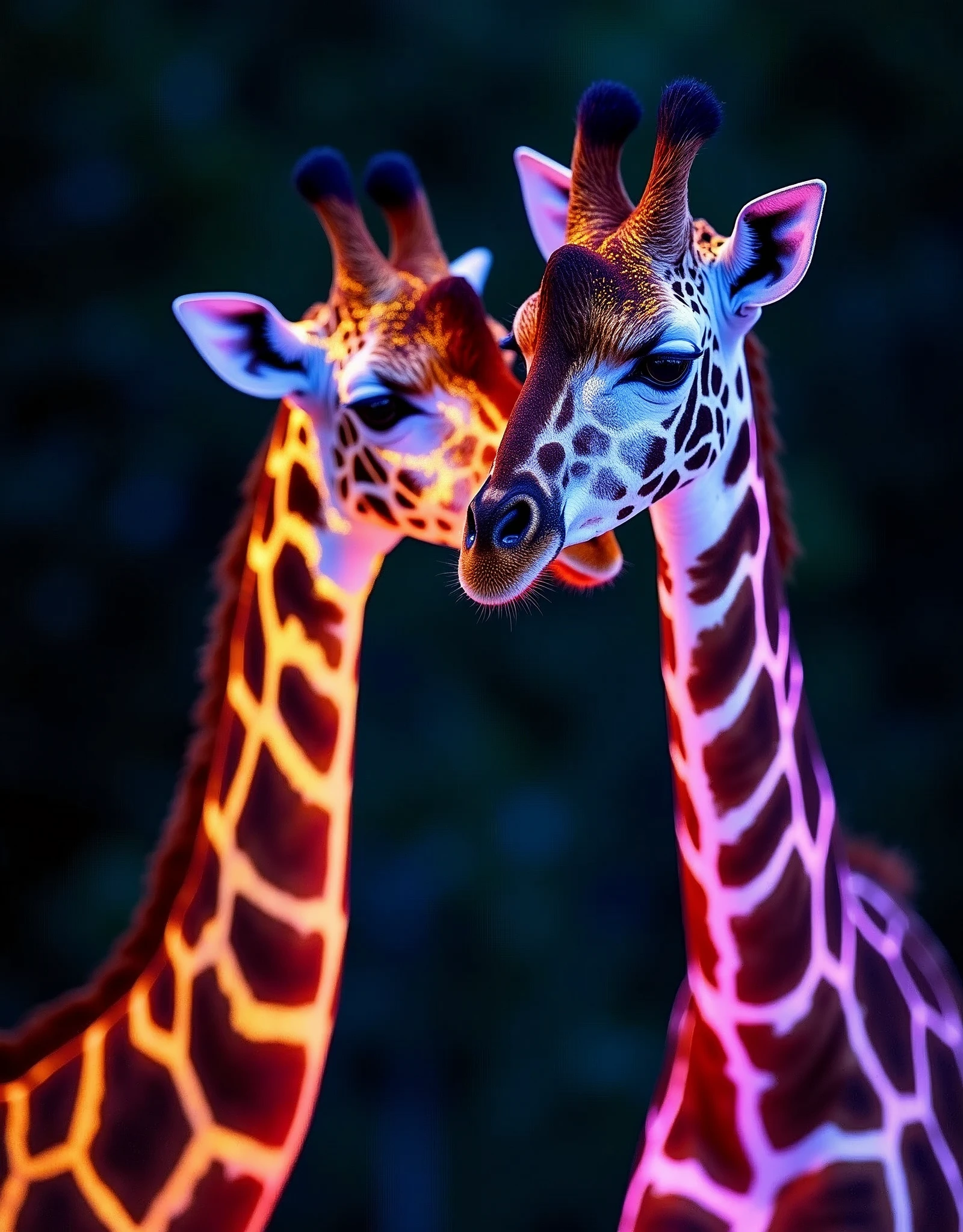 A captivating wildlife photograph of a mother and baby giraffe, illuminated by mesmerizing bioluminescent light. The baby giraffe's head, glowing with a vibrant mix of orange, gold, and pink hues, is gently touching the head of its mother on the right. The ambient occlusion lighting creates a striking contrast between the radiant, ethereal colors and the darker shades of the giraffes' fur. The atmospheric glow adds a touch of magic and wonder, capturing an intimate and magical moment in the natural world. This cinematic, vibrant image showcases the beauty of wildlife photography., photo, wildlife photography, cinematic, vibrant