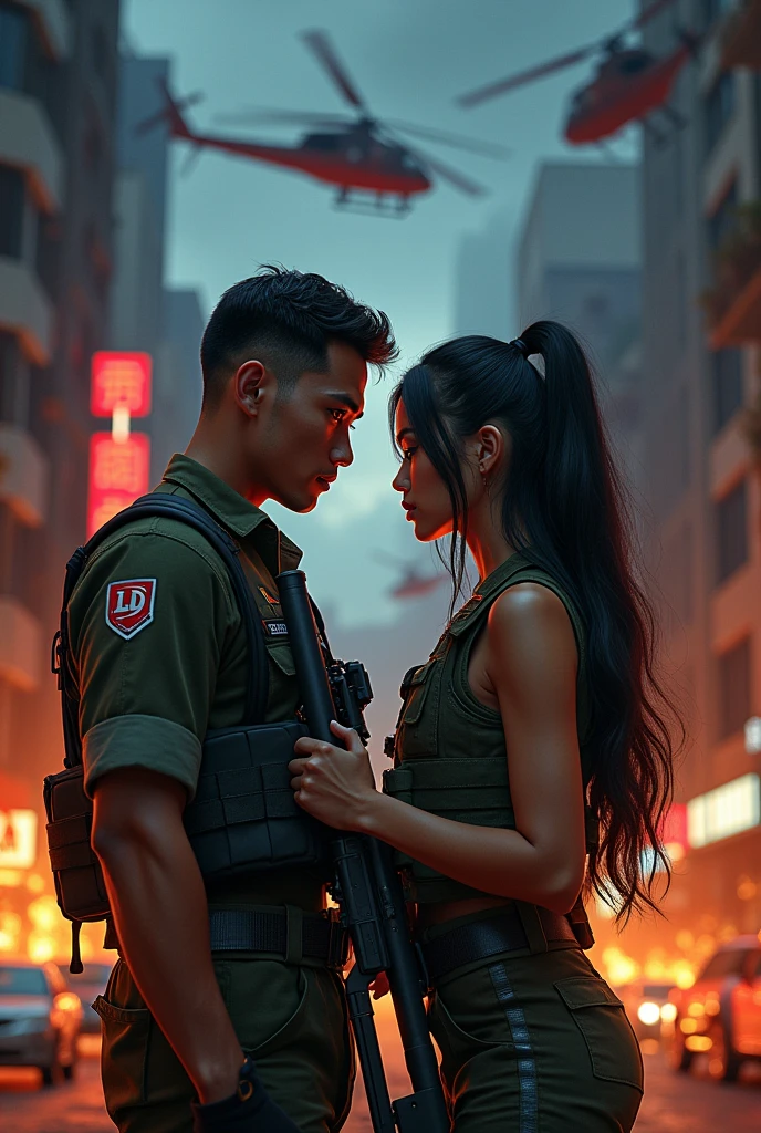(POV). coupel,a handsome man wearing army clothes (TNI indonesian) bearing the text "LD" small logo, muscle body, and The beautiful and cute girls from Indonesian, beautiful round face, badass lady with black (hairstyle), (accessoris), dressing in military vest, While sitting squatting in the middle of the road,faintly facing forward,by the night city,there's fire, there's helicopters, with sniper-gun next her And the Indonesian flag is flying