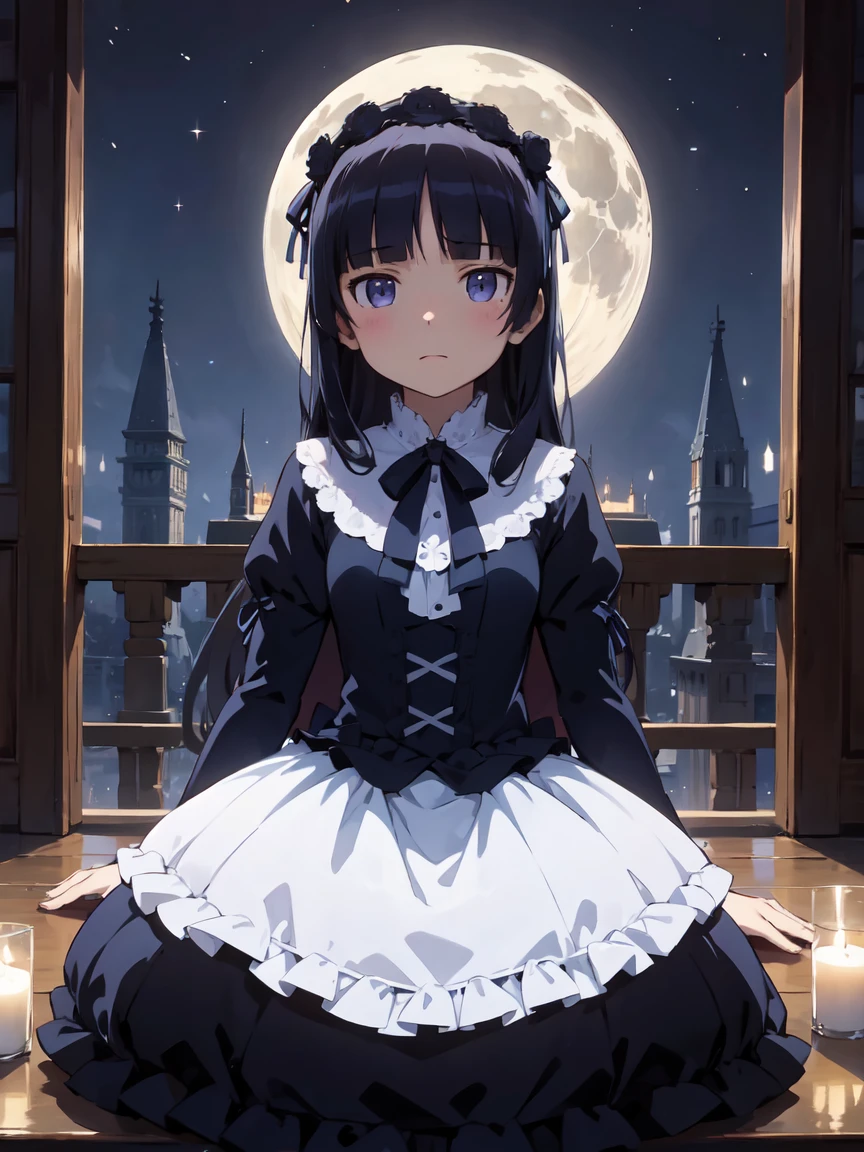Movie Posters, full moon, Illuminated by moonlight, Romantic atmosphere, Starry Night, Fantasy, Light and shadow, Silence of the Night, Two people, secret, Soft Light, ephemeral, (ruri gokou), Hime cut, Long Hair, Gothic ta, Loliashion, head band, full body