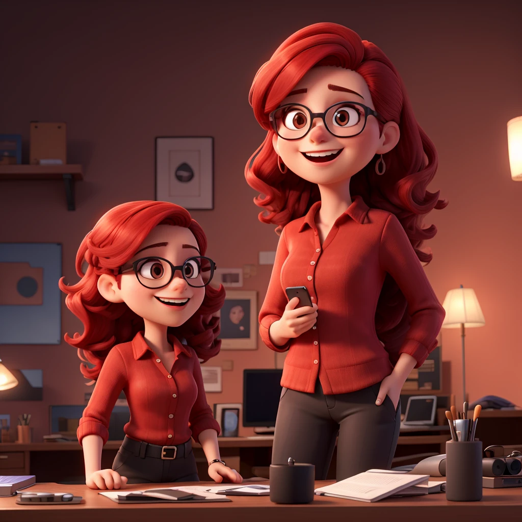 red hair woman, mobile phone, red clothes, Black background,
cameras, fans, located side, Thinking, interest, glasses,
PANTS, makeup, Mirrors. located on one side, sonrrisa, laughing, desk, foreground. only one person, Only a woman, 1