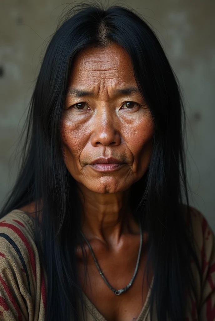 A middle aged woman, straight black hair, indigenous traits.