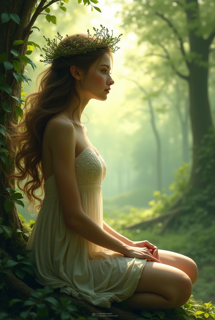 A nymph in profile looking at the horizon with her legs extended , in the forest sitting with a crown of twigs