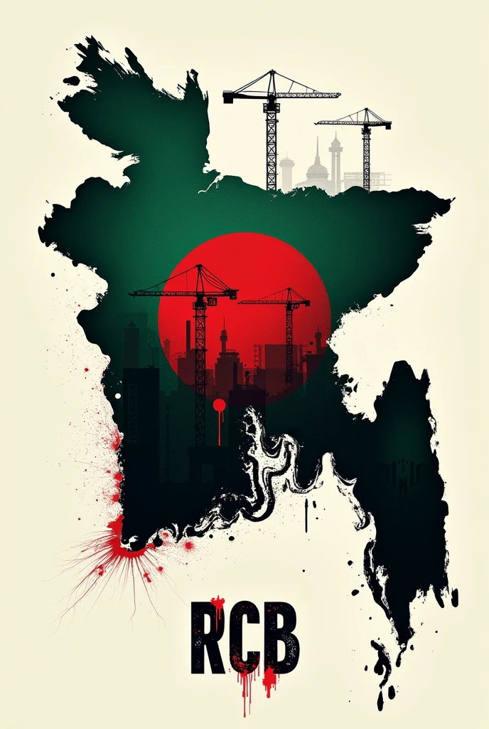 An outline of Bangladesh filled with the national flag's colors. Inside the map, depict a reconstruction theme using elements like cranes, scaffolding, and tools integrated within the map's boundaries. Blood splatters subtly appear within the map, adding a dramatic effect. The letters 'RCB' are prominently written at the bottom inside the map, blending with the overall theme and colors.