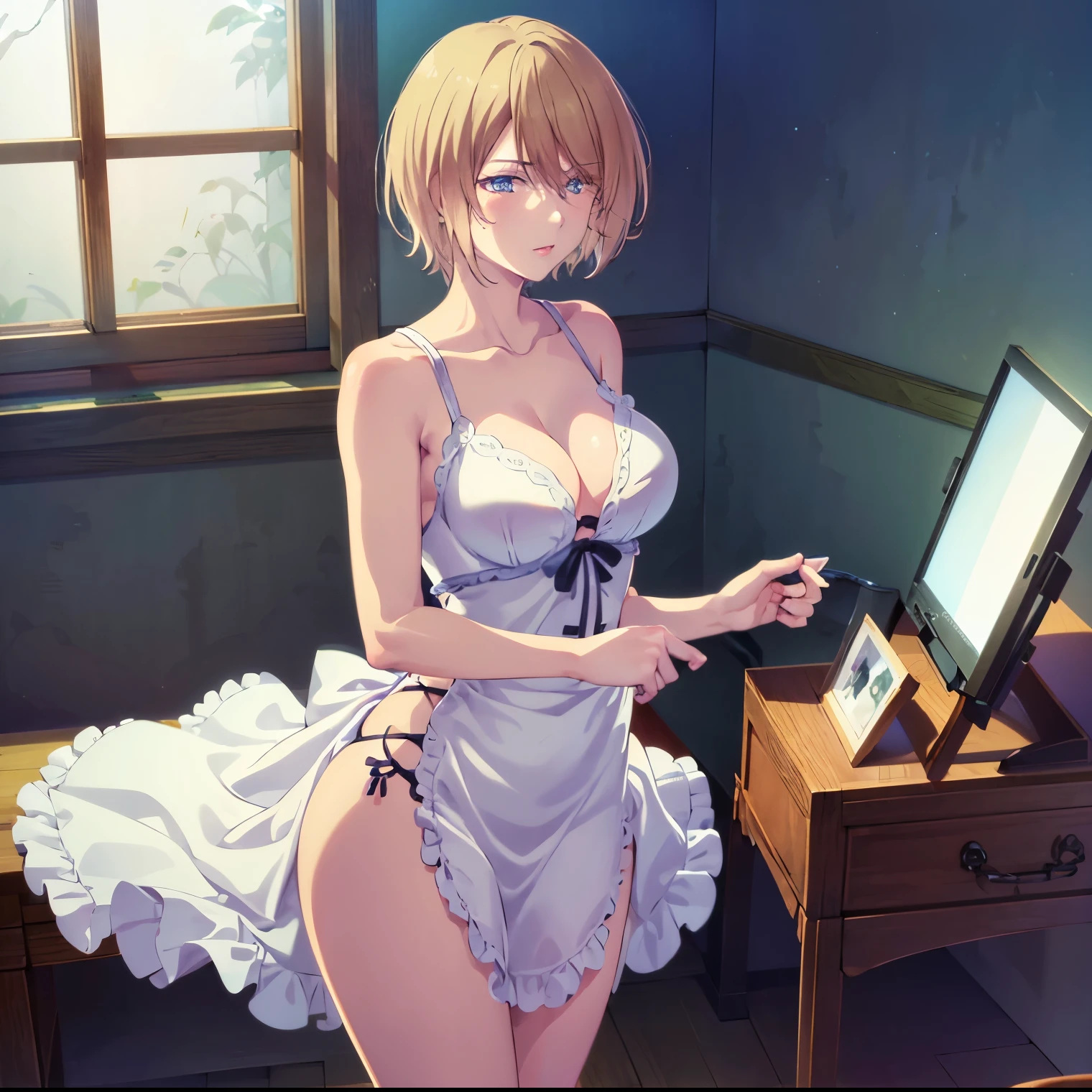 ((1girl)),((alone)),akane hououji,(masterpiece), (best quality), (ultra detailed), (best illustration), (best shadow), (absurdities), sharp focus, cowboy shot ,atmospheric perspective, depth of field, dynamic posture looking at the viewer, large breasts, narrow waist, wide hips, wide thighs, round butt, erotic, romantic, (very detailed eyes, lips 1.1), very detailed eyes, eyes, very face detailed, very beautiful face, full height, beautiful slim figure, femininity, expressive appearance, elastic big breasts, sexuality, dull blonde hair, short hair, blue eyes, strapless nightgown, bare shoulders, bare arms, nightgown with black and white stripes horizontal, black panties, bare legs, curves, defined body, Perfect and beautiful body, perfect and beautiful, closed mouth, smile, happy smile, blushing, (sexy pose: 1.2), ((only)), standing: 1.3,( ( : 1.5, windowJapanese house : 1.5, night: 1.5, window: 1.5, bed:1.3, dressing table:1.4, kuna:1.4)),looking forward,((focus on hips)) , point of view: (from the middle), perfect anatomy, perfect hands