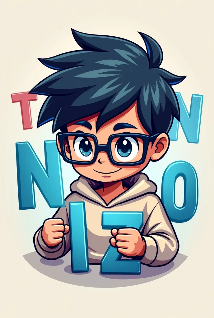 Make a logo mascot where the mascot is a gamer boy with square glasses and looks like he is playing with the letters THDANIIZO and wearing a sweatshirt