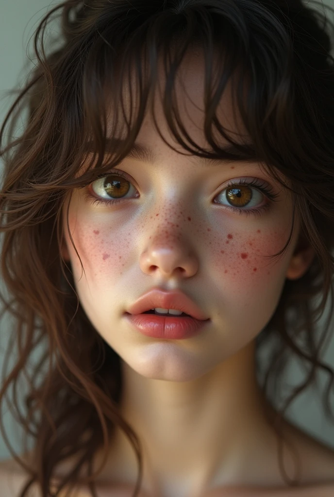 Beautiful girl with messy brown wavy long hair with side bangs, hair down, 18 year old, pouty pink lips, big brown doe eyes, , innocent looking, freckles, emotionless, fictional