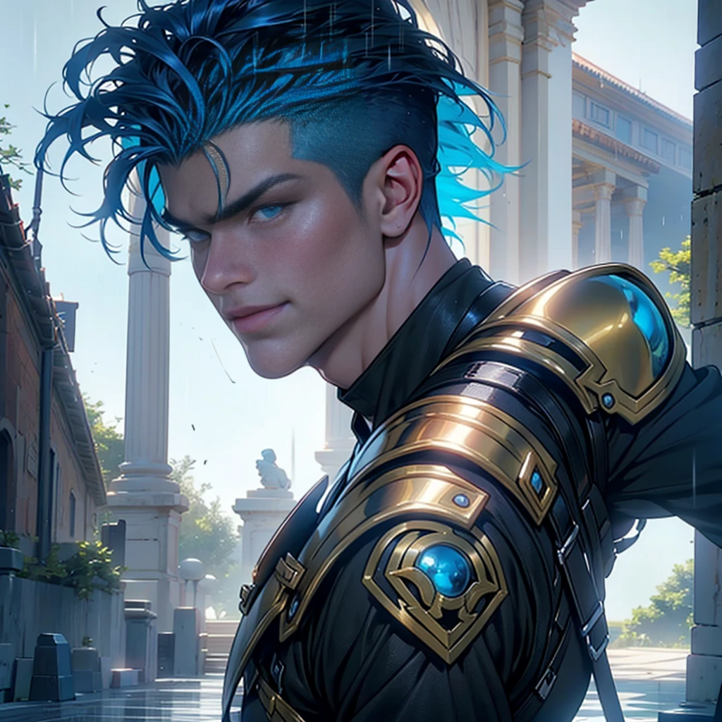 a portrait of a powerful greek warrior demigod, Dark skin and confident smile, Short and straight light blue hair ((shaved on the sides)), wearing dark red and blue futuristic greek armor. (Very bright), realistic features, detailed muscular physique, Realistic representation, 4k resolution. Set the temple of Zeus in the background., Thunder and lightning, rain , vivid colors, epic shot, 32k UHD, Best Quality, masterpiece, Super detail, High details, warrior pose, ((front shot)), in front of the viewer