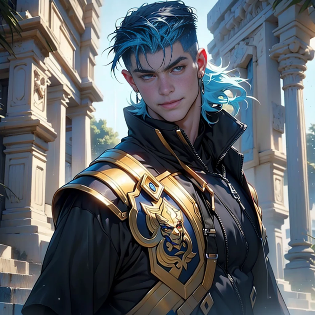 a portrait of a powerful greek warrior demigod, Dark skin and confident smile, Short and straight light blue hair ((shaved on the sides)), wearing dark red and blue futuristic greek armor. (Very bright), realistic features, detailed muscular physique, Realistic representation, 4k resolution. Set the temple of Zeus in the background., Thunder and lightning, rain , vivid colors, epic shot, 32k UHD, Best Quality, masterpiece, Super detail, High details, warrior pose, ((front shot)), in front of the viewer