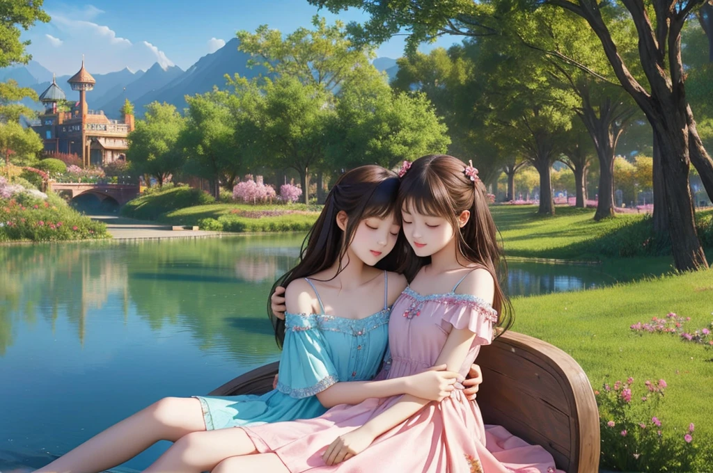 Highest quality masterpiece A very pretty older sister comforts her lonely younger sister by putting her arm around her shoulders Photo style Real Fantasy Beautiful park in the background