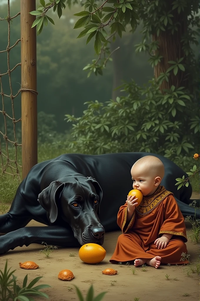 Create a realistic image of a black Great Dane lying motionless on the ground after being hit by a powerful punch of air from a  dressed in monk robes. The babynow calmly sitting next to the fallen dog, beginning to suck on a mango. The scene takes place in a garden with a goalpost in the background. The artwork should capture the contrast between the intense moment of the dog’s fall and the baby’s peaceful enjoyment of the mango."