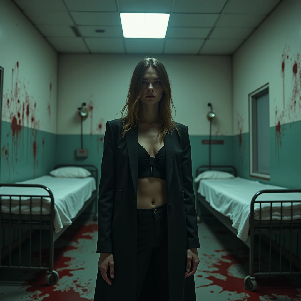 8k quality photorealistic full body shot of a woman inside a psychiatric hostital room in arkham city, bright exposure, soft fill lighting, on the walls, steel beds, fashion photoshoot, shot on ARRI ALEXA 65 with 50mm lens