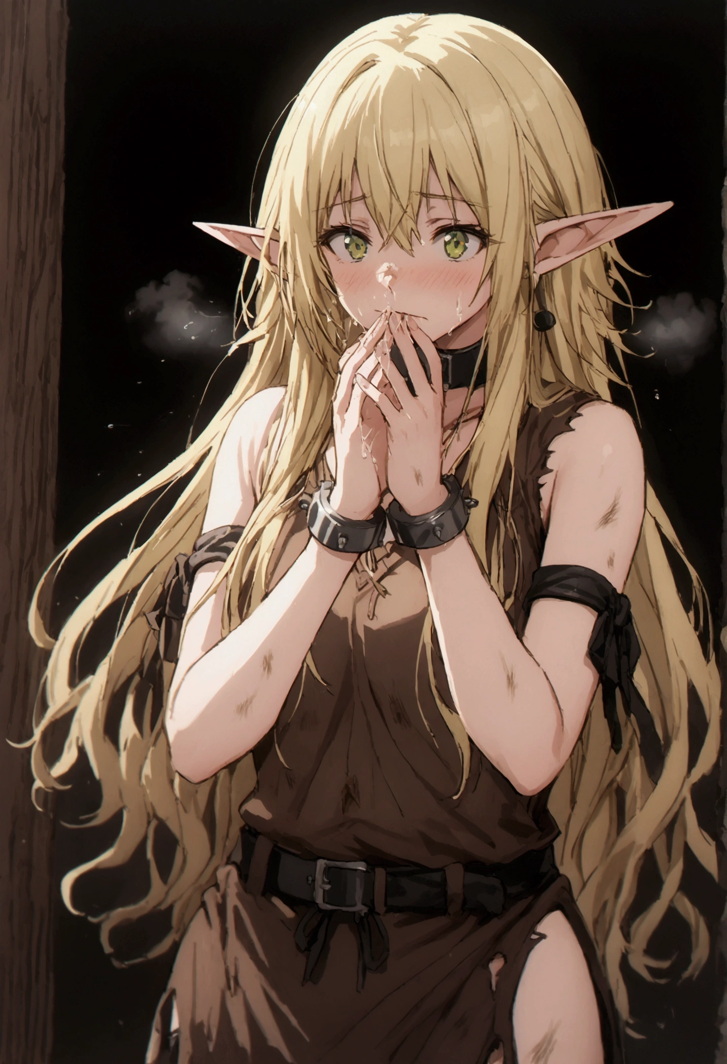 anime. young woman. elf. edge. edge collar. shackles. Dirty tunic. torn tunic. blonde. long hair. green eyes. beautiful eyes. pointed ears. cold. runny nose. sneeze. sneezes. Snot flows from the nose. Covers nose with hands. Snot flows from the nose onto the palm after sneezing. standing upright.Full body.