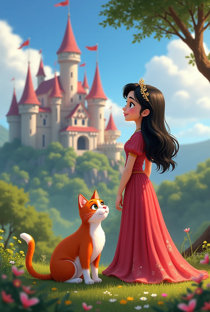 Country of Lily where there is a beautiful big castle where Princess Lily lives with medium-length black hair and black eyes next to a red cat with a white belly. Standing nearby is a handsome tall prince who looks at Lily with a loving gaze 