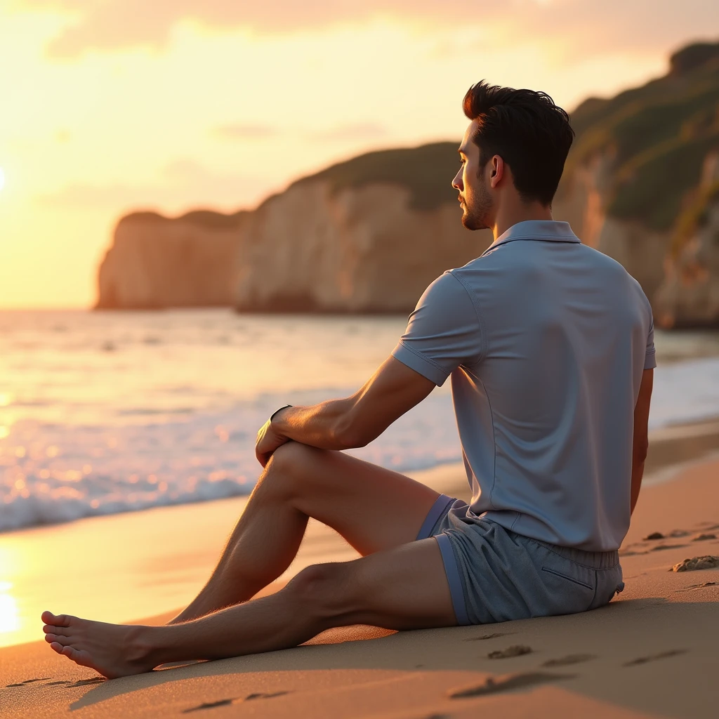 a 39-year-old white man, model type, with not too short black hair, clear eyes,, light blue polo, swim suit, watching the sunset on a beach in the Algarve
