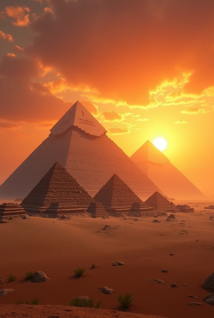 Create a picture of Egyptian pyramids at sunset