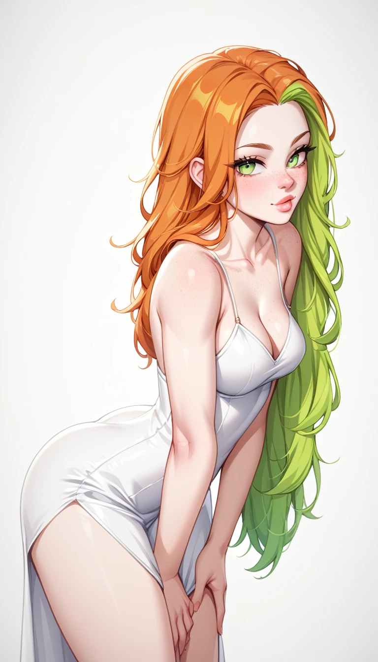 1 Girl, Medium Breasts, Half Orange Hair And Half Lime Green Hair, Split Hair Color, Two Hair Colors, Lime Green Eyes, Nice Eyes, Long Hair Style, Freckles, Nice Lips, Nice Nose, Pale White Skin, Smooth Skin, Uncaring, Sexy, Bitch, White Dress, Bending over to show ass