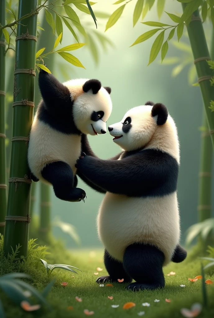 A panda upside down on a bamboo holding the hand of another panda standing upright