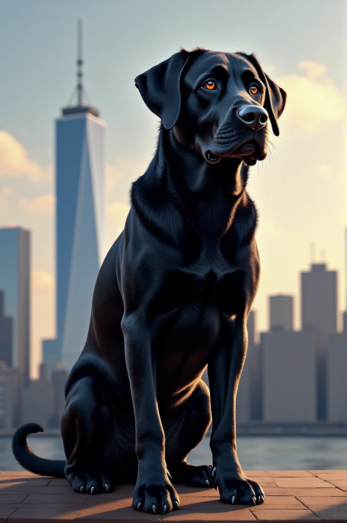Black labrador with the twin towers in the background
