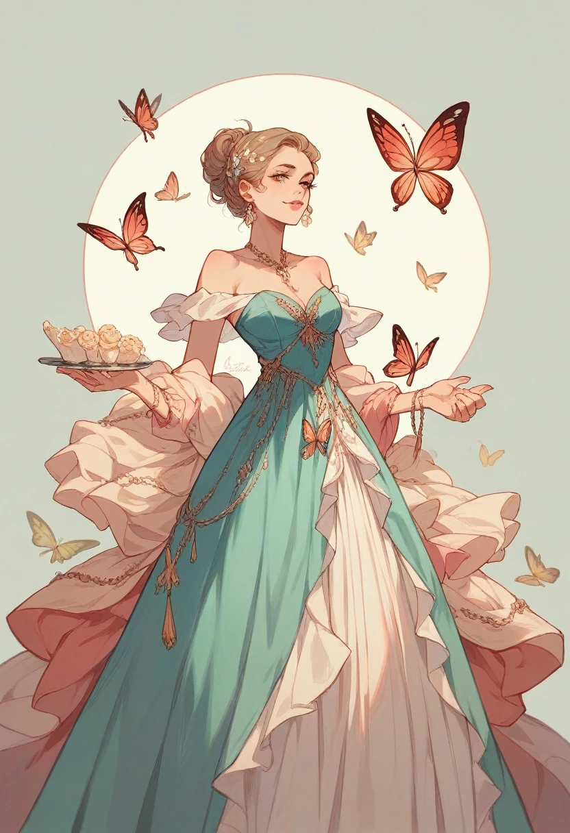 Ultra-realistic digital quinceanera standing in a champagne-colored dress with fuchsia butterflies perched on the dress