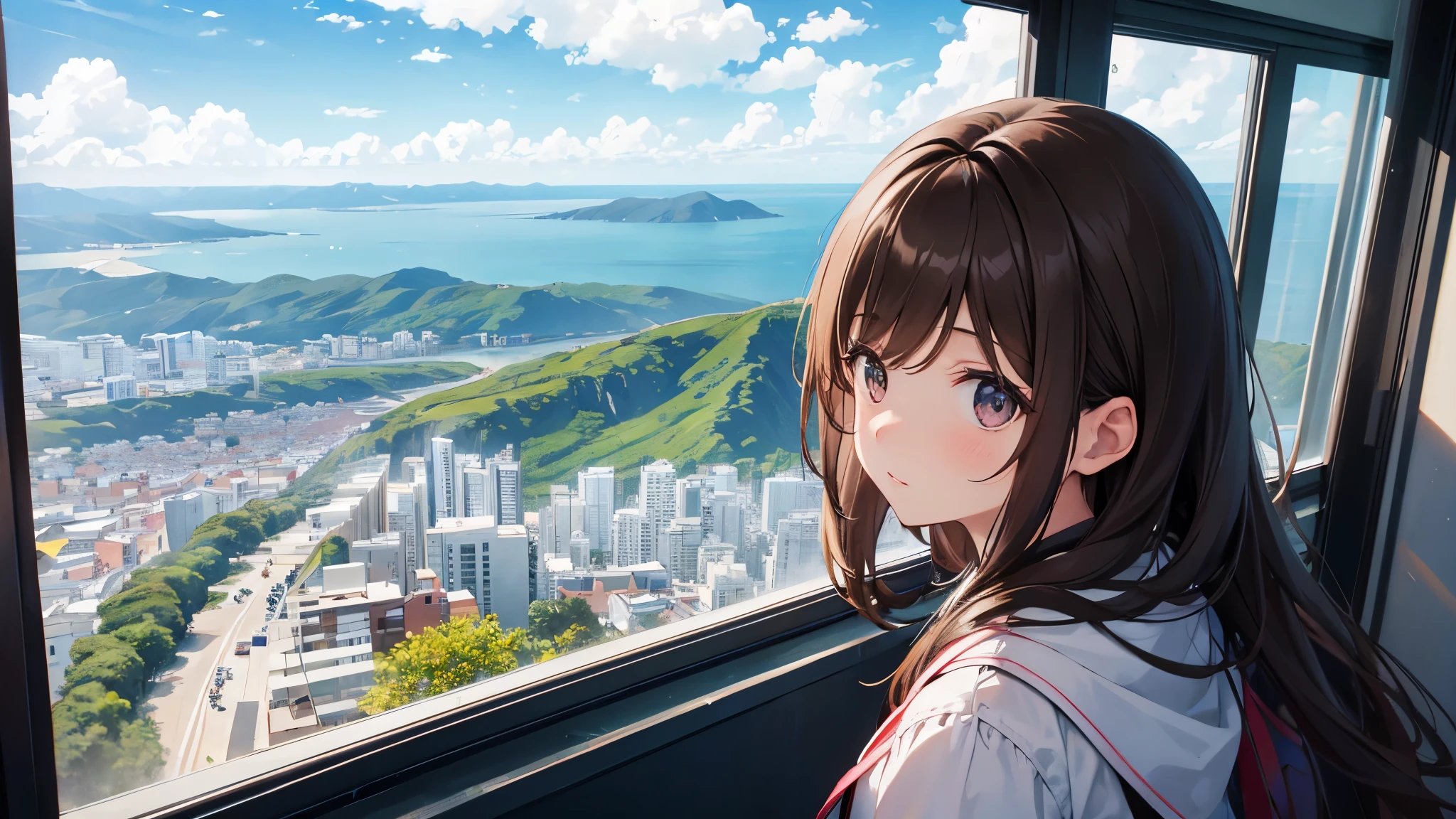 Girl looking out from observation deck at the top of the mountain、Brown hair, semi-long、You can see the sea and the city in the distance